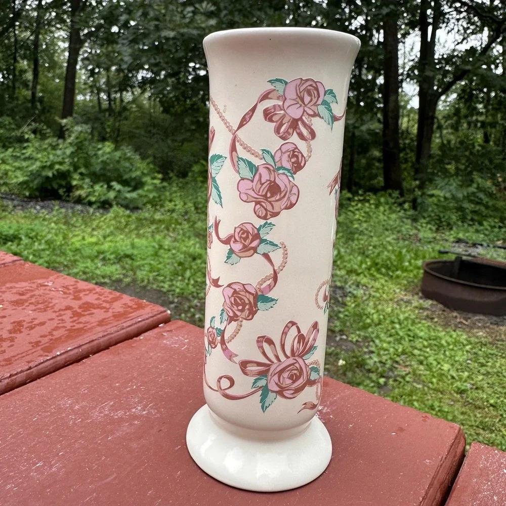 FTD VTG Bud Vase Happy Birthday Cream Off White W/Pink Roses Thailand 6.5